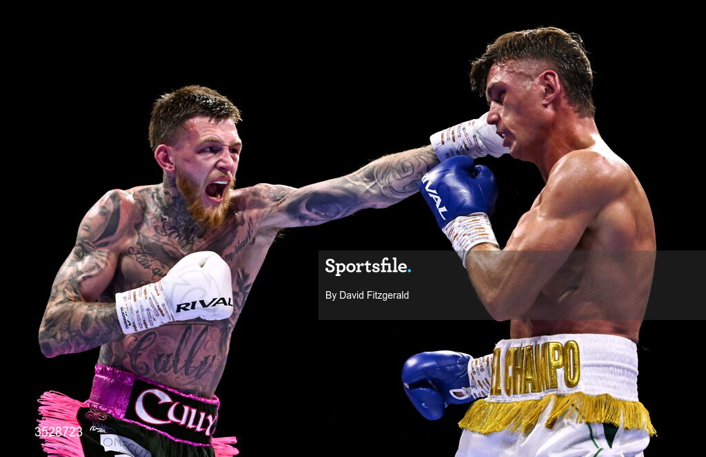 1 August 2026; Gary Cully, left, in action against Lee Reeves during their BUI Irish Super Lightweight Title bout during the Boxing in Dublin event at the 3Arena in Dublin. Photo by David Fitzgerald/Sportsfile