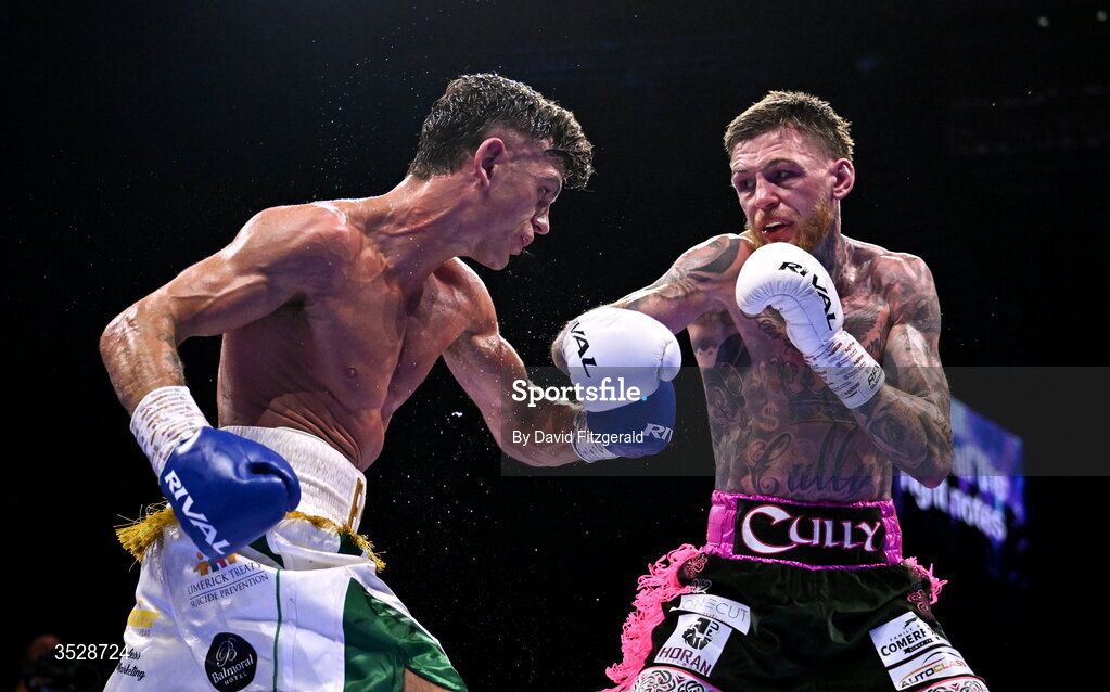 1 August 2026; Gary Cully, right, in action against Lee Reeves during their BUI Irish Super Lightweight Title bout during the Boxing in Dublin event at the 3Arena in Dublin. Photo by David Fitzgerald/Sportsfile