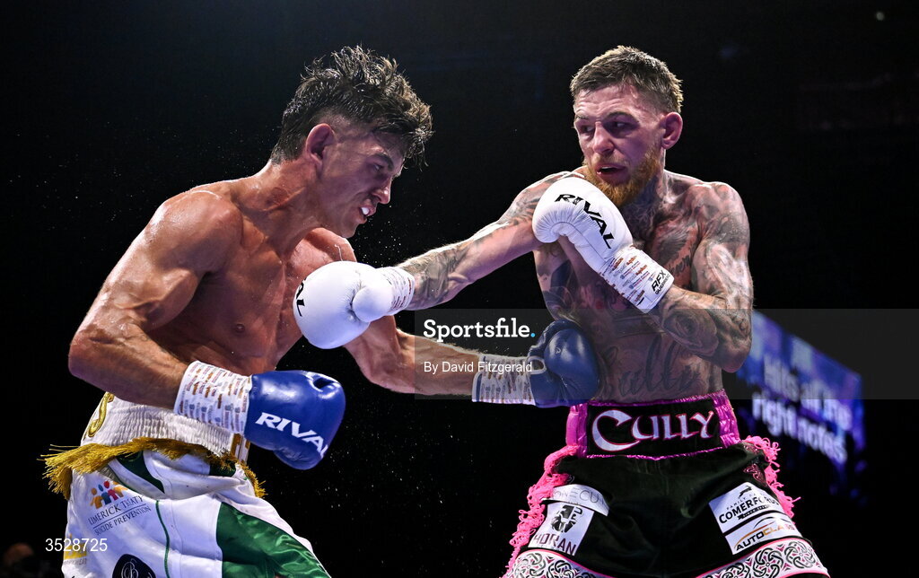 1 August 2026; Gary Cully, right, in action against Lee Reeves during their BUI Irish Super Lightweight Title bout during the Boxing in Dublin event at the 3Arena in Dublin. Photo by David Fitzgerald/Sportsfile