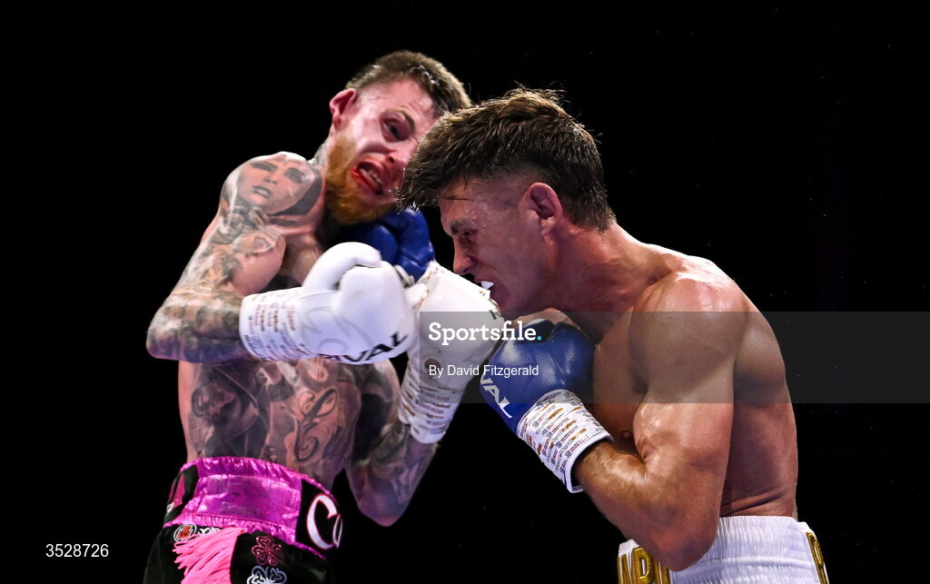 1 August 2026; Lee Reeves, right, action against Gary Cully during their BUI Irish Super Lightweight Title bout during the Boxing in Dublin event at the 3Arena in Dublin. Photo by David Fitzgerald/Sportsfile