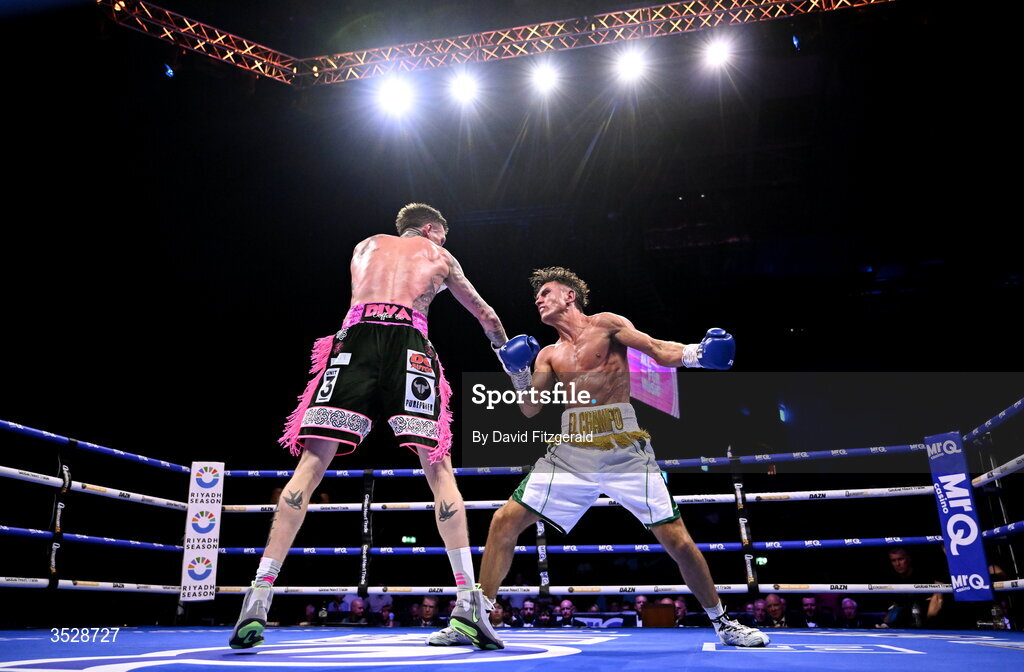 1 August 2026; Lee Reeves, right, action against Gary Cully during their BUI Irish Super Lightweight Title bout during the Boxing in Dublin event at the 3Arena in Dublin. Photo by David Fitzgerald/Sportsfile