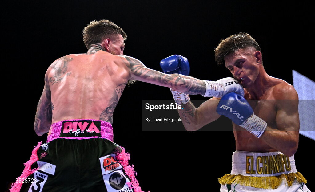 1 August 2026; Lee Reeves, right, action against Gary Cully during their BUI Irish Super Lightweight Title bout during the Boxing in Dublin event at the 3Arena in Dublin. Photo by David Fitzgerald/Sportsfile