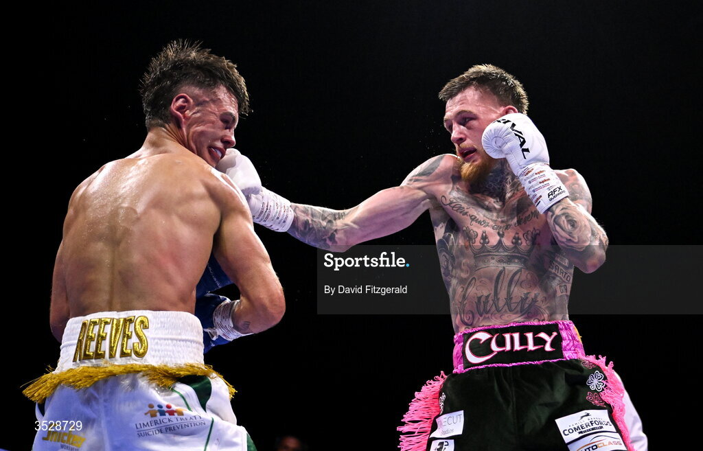 1 August 2026; Gary Cully, right, in action against Lee Reeves during their BUI Irish Super Lightweight Title bout during the Boxing in Dublin event at the 3Arena in Dublin. Photo by David Fitzgerald/Sportsfile
