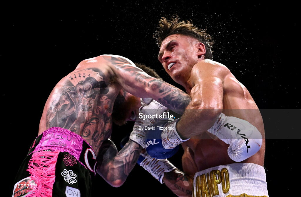1 August 2026; Gary Cully, left, in action against Lee Reeves during their BUI Irish Super Lightweight Title bout during the Boxing in Dublin event at the 3Arena in Dublin. Photo by David Fitzgerald/Sportsfile