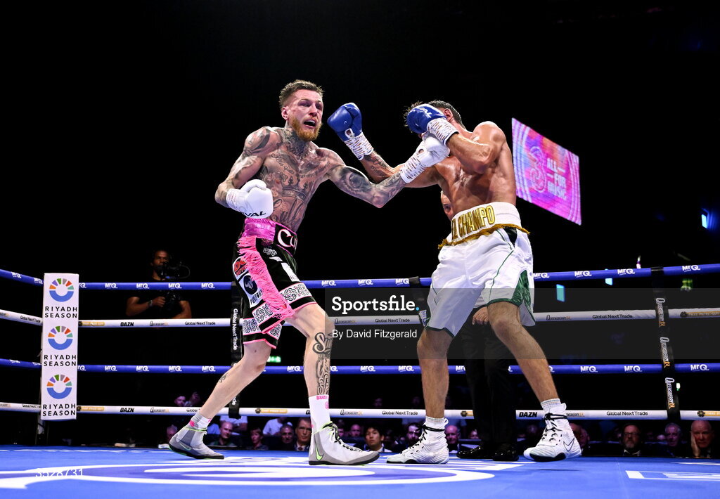 1 August 2026; Gary Cully, left, in action against Lee Reeves during their BUI Irish Super Lightweight Title bout during the Boxing in Dublin event at the 3Arena in Dublin. Photo by David Fitzgerald/Sportsfile