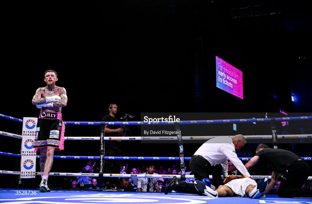 1 August 2026; Gary Cully, left, after knocking down Lee Reeves during their BUI Irish Super Lightweight Title bout during their BUI Irish Super Lightweight Title bout during the Boxing in Dublin event at the 3Arena in Dublin. Photo by David Fitzgerald/Sportsfile