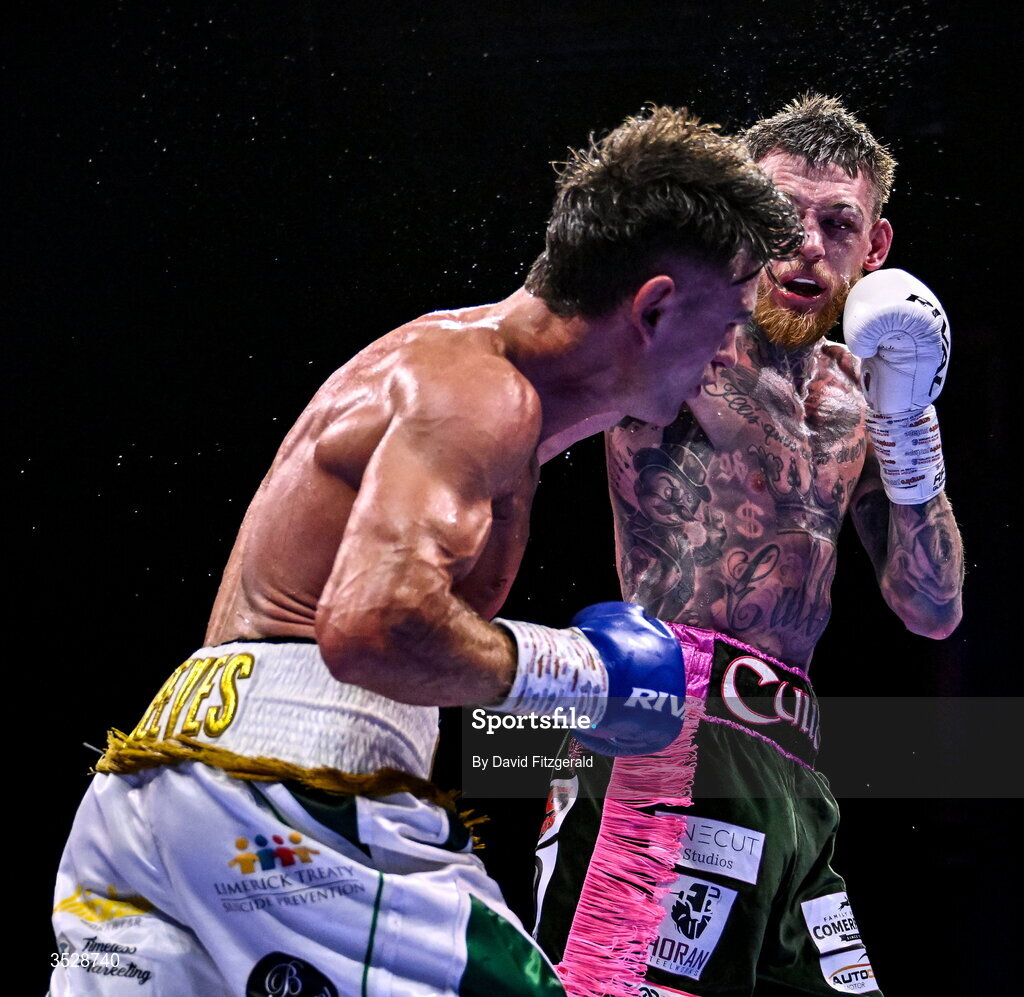 1 August 2026; Gary Cully, right, in action against Lee Reeves during their BUI Irish Super Lightweight Title bout during their BUI Irish Super Lightweight Title bout during the Boxing in Dublin event at the 3Arena in Dublin. Photo by David Fitzgerald/Sportsfile