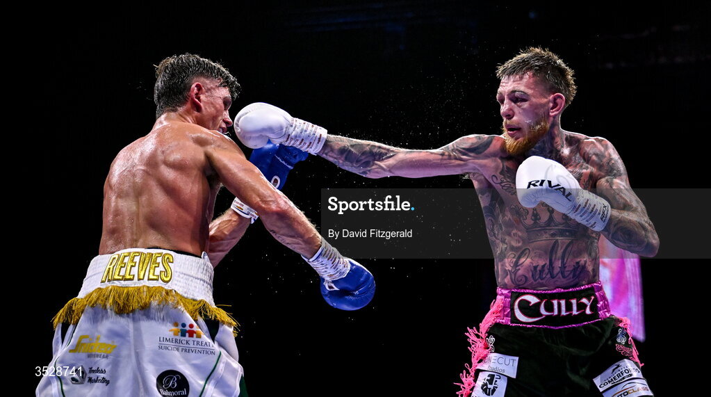 1 August 2026; Gary Cully, right, in action against Lee Reeves during their BUI Irish Super Lightweight Title bout during their BUI Irish Super Lightweight Title bout during the Boxing in Dublin event at the 3Arena in Dublin. Photo by David Fitzgerald/Sportsfile