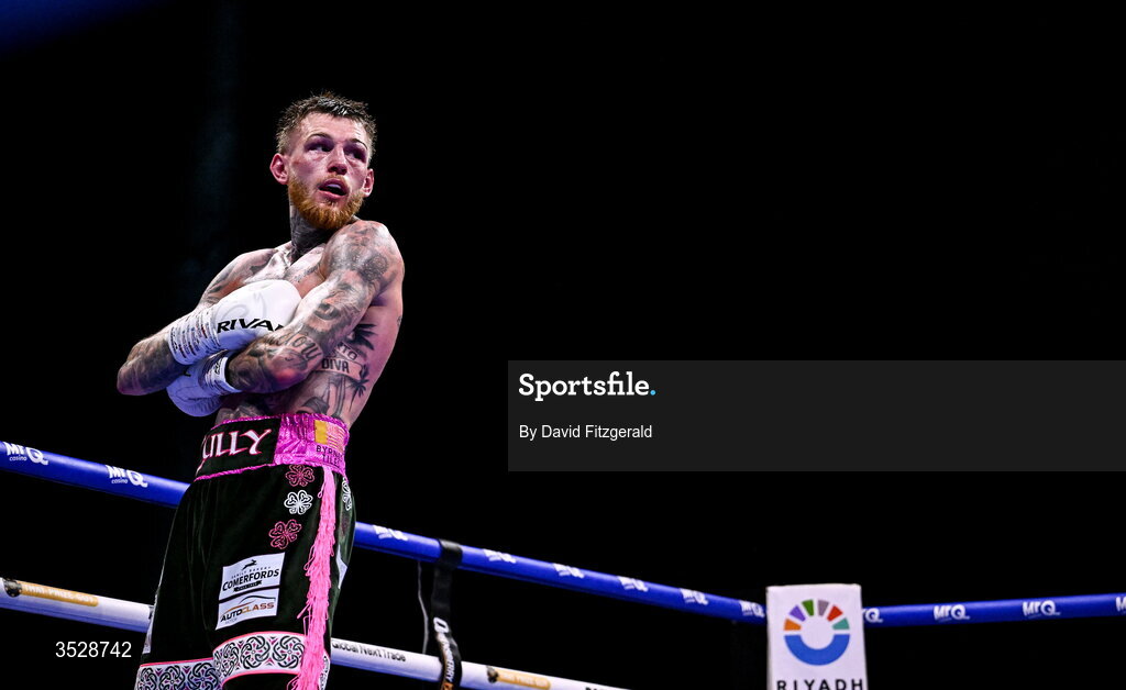 1 August 2026; Gary Cully celebrates after being declared victorious over Lee Reeves after their BUI Irish Super Lightweight Title bout during the Boxing in Dublin event at the 3Arena in Dublin. Photo by David Fitzgerald/Sportsfile