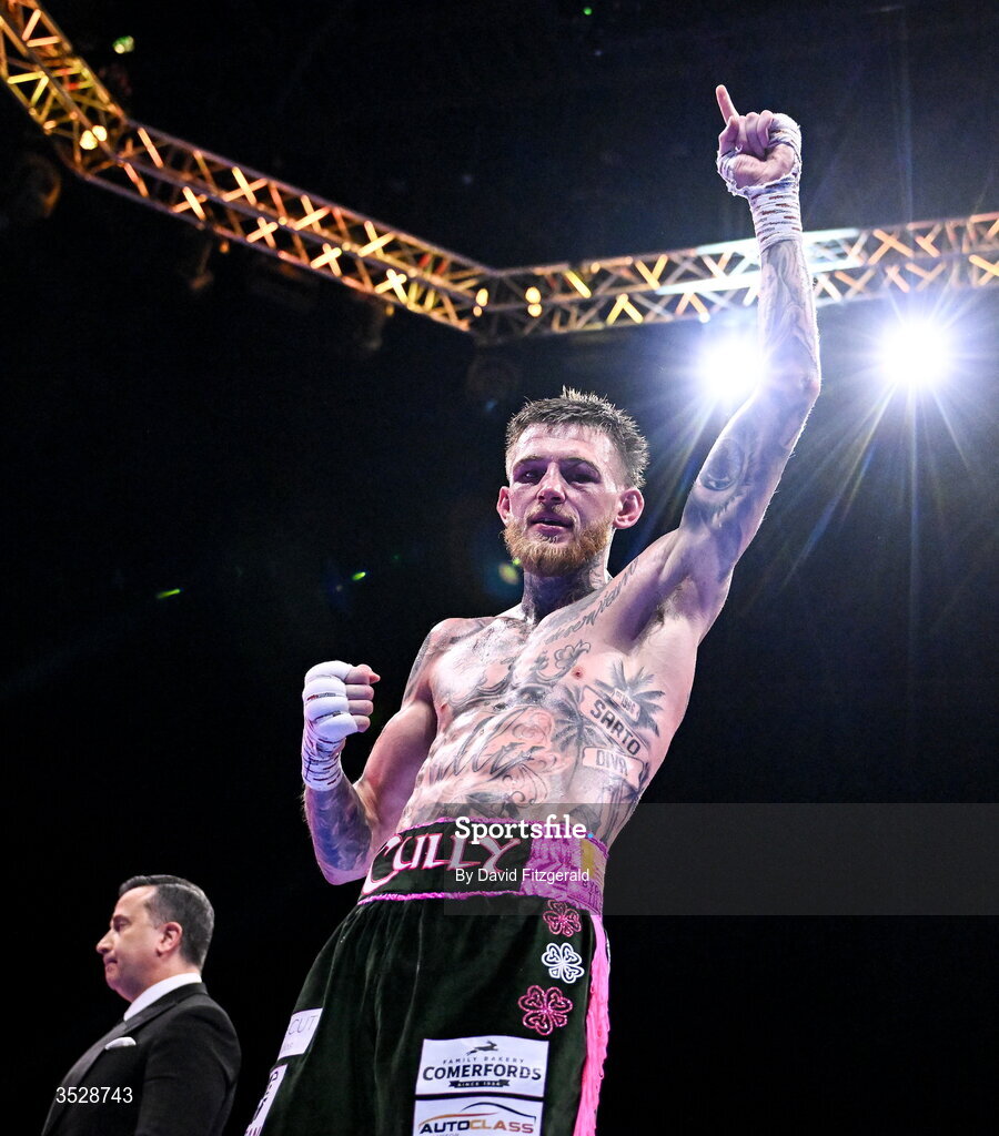 1 August 2026; Gary Cully celebrates after being declared victorious over Lee Reeves after their BUI Irish Super Lightweight Title bout during the Boxing in Dublin event at the 3Arena in Dublin. Photo by David Fitzgerald/Sportsfile