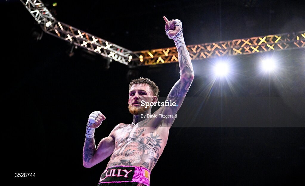 1 August 2026; Gary Cully celebrates after being declared victorious over Lee Reeves after their BUI Irish Super Lightweight Title bout during the Boxing in Dublin event at the 3Arena in Dublin. Photo by David Fitzgerald/Sportsfile