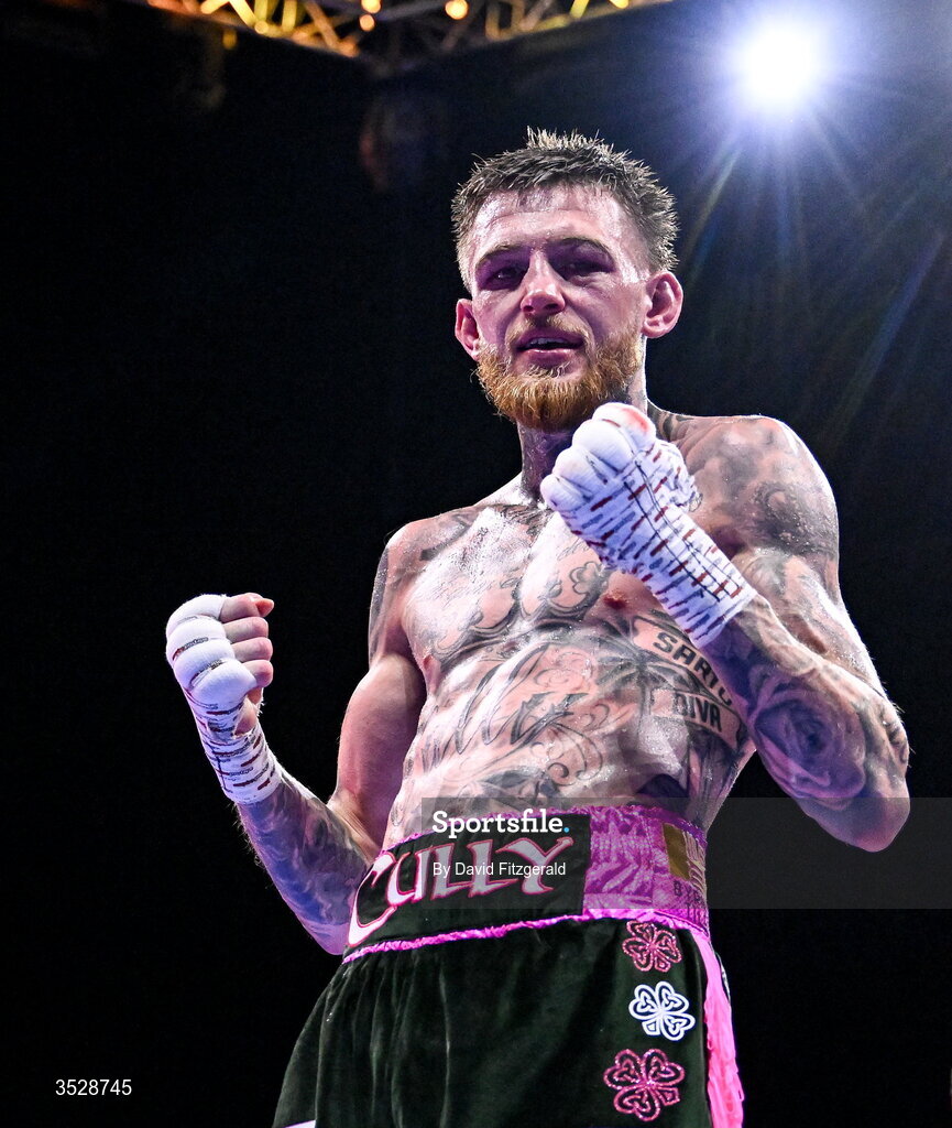 1 August 2026; Gary Cully celebrates after being declared victorious over Lee Reeves after their BUI Irish Super Lightweight Title bout during the Boxing in Dublin event at the 3Arena in Dublin. Photo by David Fitzgerald/Sportsfile