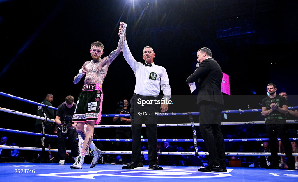 1 August 2026; Gary Cully celebrates after being declared victorious over Lee Reeves after their BUI Irish Super Lightweight Title bout during the Boxing in Dublin event at the 3Arena in Dublin. Photo by David Fitzgerald/Sportsfile
