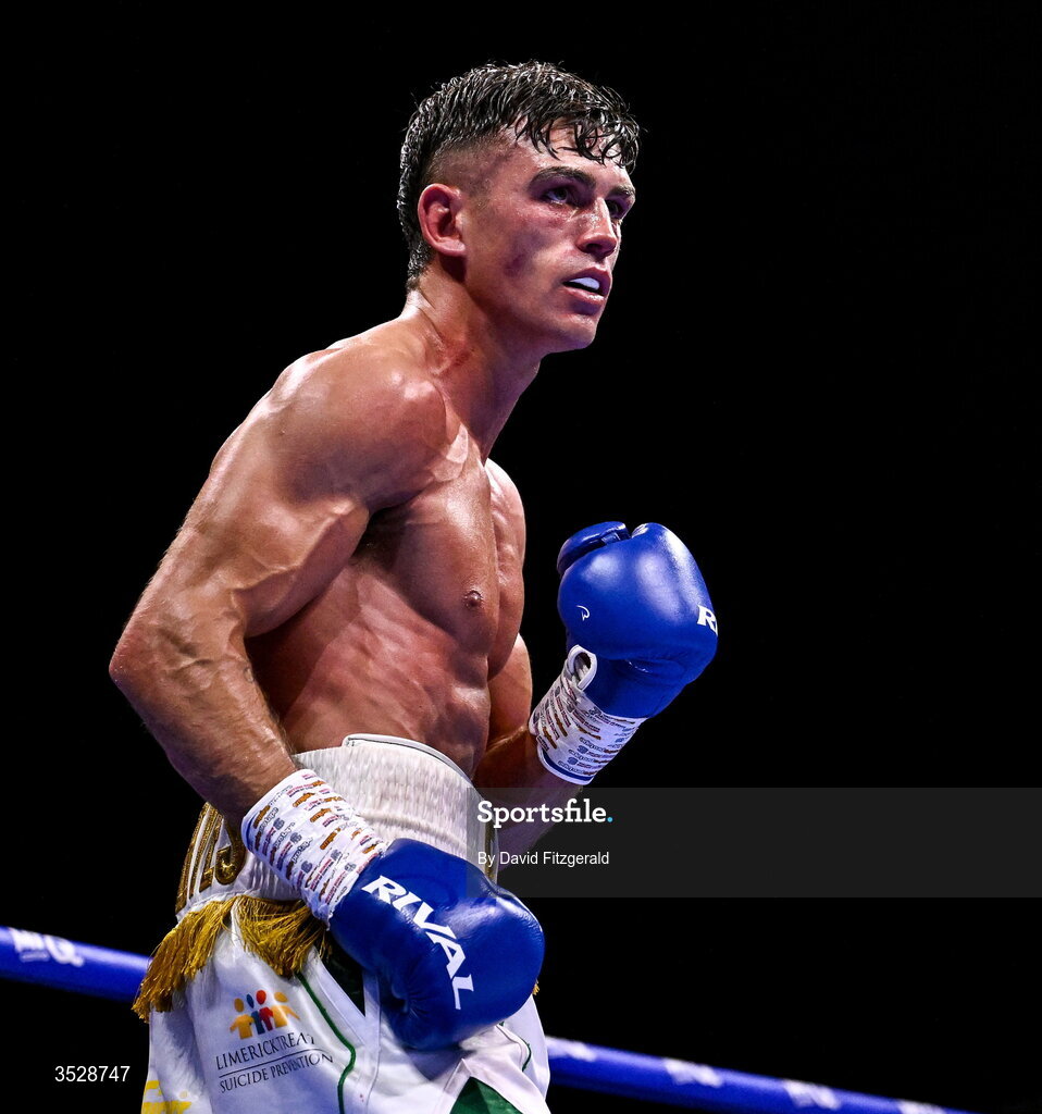 1 August 2026; Lee Reeves during their BUI Irish Super Lightweight Title bout against Gary Cully during the Boxing in Dublin event at the 3Arena in Dublin. Photo by David Fitzgerald/Sportsfile