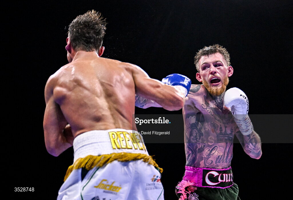 1 August 2026; Gary Cully, right, in action against Lee Reeves during their BUI Irish Super Lightweight Title bout during the Boxing in Dublin event at the 3Arena in Dublin. Photo by David Fitzgerald/Sportsfile