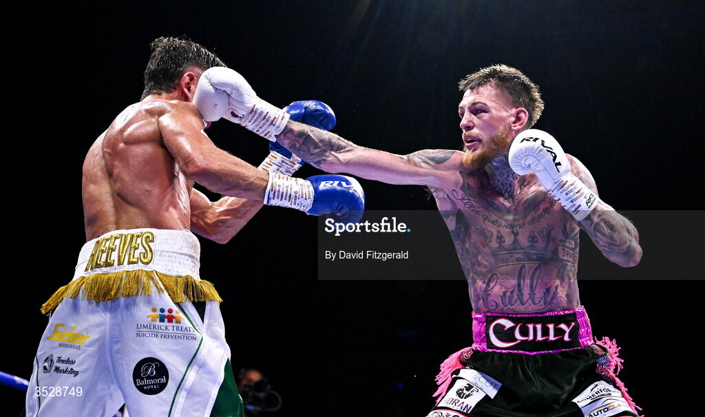 1 August 2026; Gary Cully, right, in action against Lee Reeves during their BUI Irish Super Lightweight Title bout during the Boxing in Dublin event at the 3Arena in Dublin. Photo by David Fitzgerald/Sportsfile