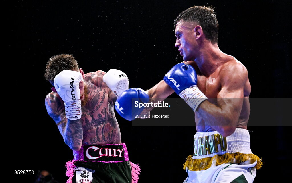 1 August 2026; Gary Cully, left, in action against Lee Reeves during their BUI Irish Super Lightweight Title bout during the Boxing in Dublin event at the 3Arena in Dublin. Photo by David Fitzgerald/Sportsfile
