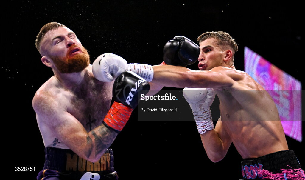 1 August 2026; John Joe Carrigan, right, in action against Sean Murray during their super welterweight bout during the Boxing in Dublin event at the 3Arena in Dublin. Photo by David Fitzgerald/Sportsfile