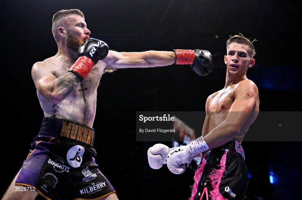 1 August 2026; John Joe Carrigan, right, in action against Sean Murray during their super welterweight bout during the Boxing in Dublin event at the 3Arena in Dublin. Photo by David Fitzgerald/Sportsfile