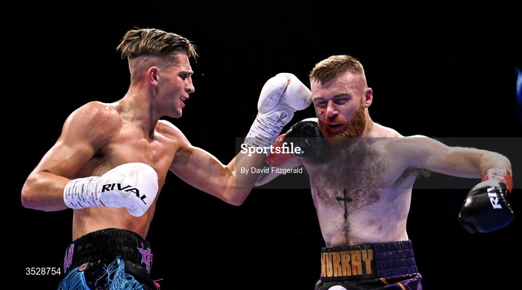 1 August 2026; John Joe Carrigan, left, in action against Sean Murray during their super welterweight bout during the Boxing in Dublin event at the 3Arena in Dublin. Photo by David Fitzgerald/Sportsfile