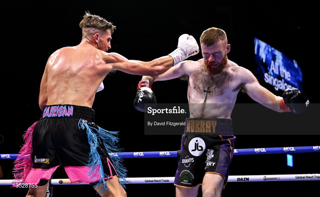 1 August 2026; John Joe Carrigan, left, in action against Sean Murray during their super welterweight bout during the Boxing in Dublin event at the 3Arena in Dublin. Photo by David Fitzgerald/Sportsfile
