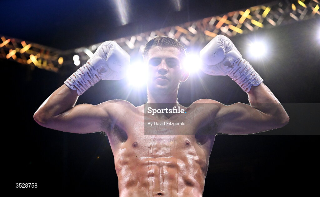 1 August 2026; John Joe Carrigan, after being declared victorious over Sean Murray after their super welterweight bout during the Boxing in Dublin event at the 3Arena in Dublin. Photo by David Fitzgerald/Sportsfile