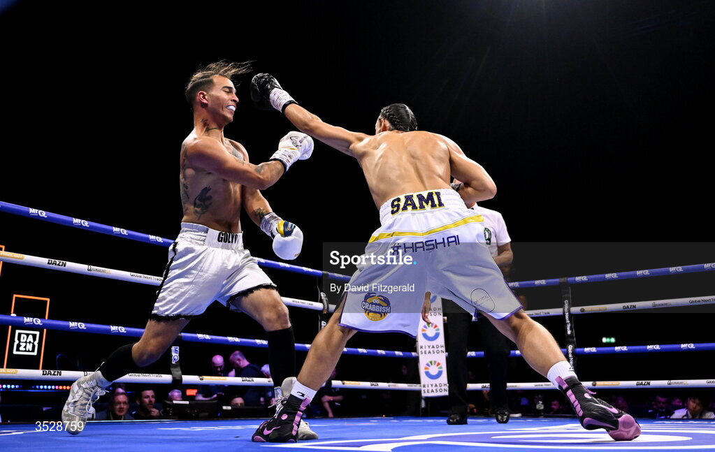 1 August 2026; Sami Hamed, right, in action against Bela Istvan Orban during their super welterweight bout during the Boxing in Dublin event at the 3Arena in Dublin. Photo by David Fitzgerald/Sportsfile