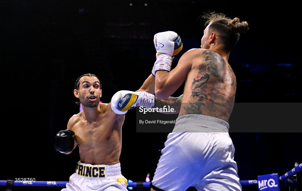 1 August 2026; Sami Hamed, left, in action against Bela Istvan Orban during their super welterweight bout during the Boxing in Dublin event at the 3Arena in Dublin. Photo by David Fitzgerald/Sportsfile
