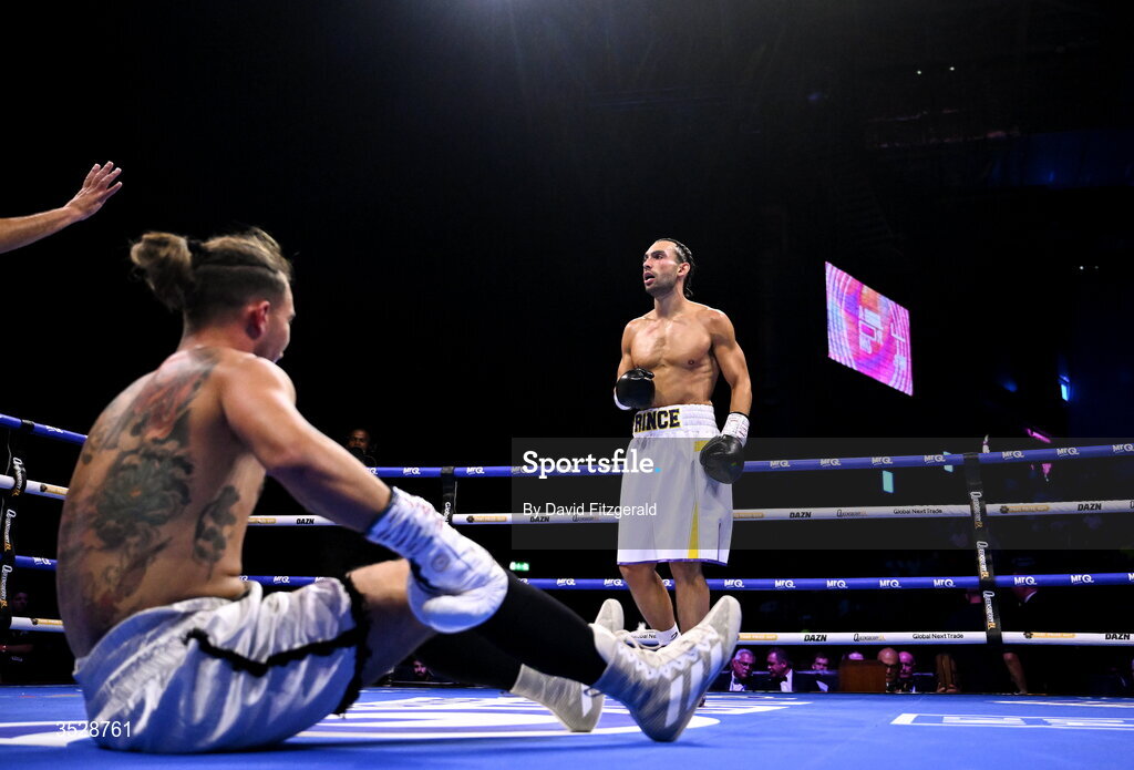 1 August 2026; Sami Hamed, right, after knocking down Bela Istvan Orban during their super welterweight bout during the Boxing in Dublin event at the 3Arena in Dublin. Photo by David Fitzgerald/Sportsfile