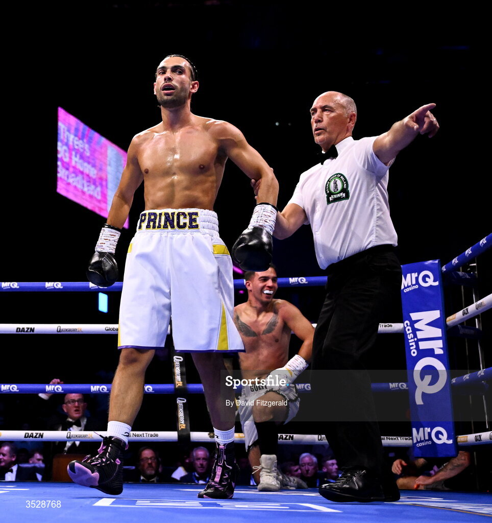 1 August 2026; Sami Hamed, left, reacts after knocking down Bela Istvan Orban during their super welterweight bout during the Boxing in Dublin event at the 3Arena in Dublin. Photo by David Fitzgerald/Sportsfile