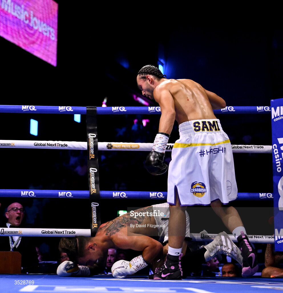 1 August 2026; Sami Hamed, right, reacts after knocking down Bela Istvan Orban during their super welterweight bout during the Boxing in Dublin event at the 3Arena in Dublin. Photo by David Fitzgerald/Sportsfile
