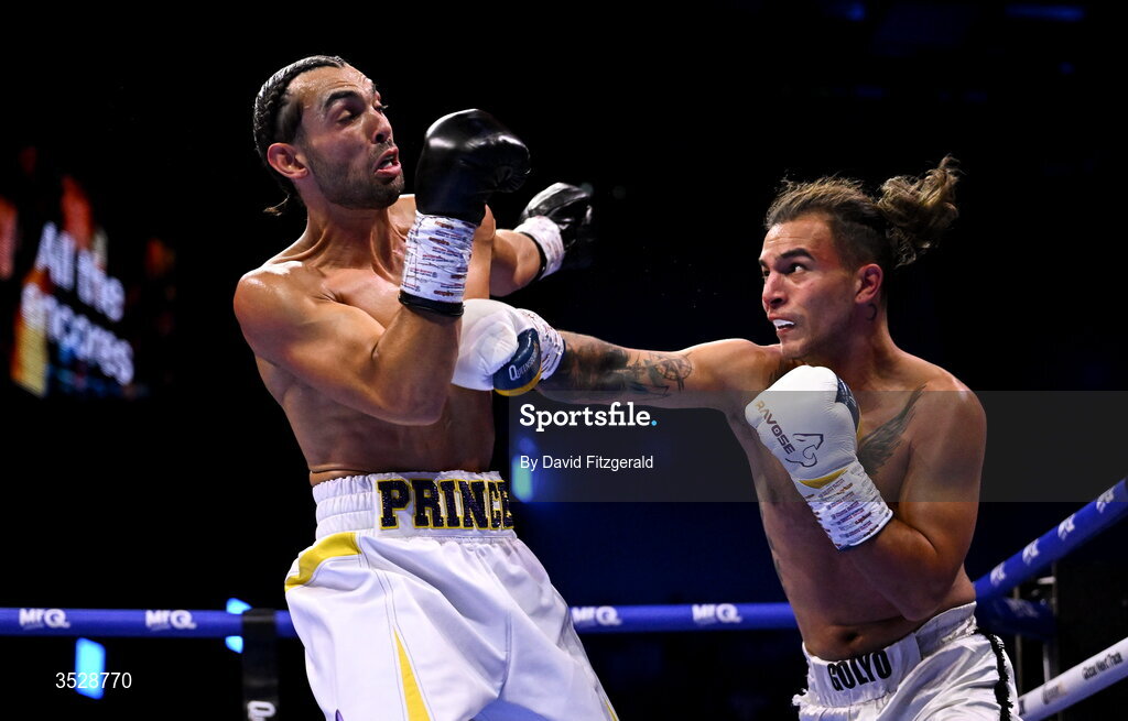 1 August 2026; Sami Hamed, left, in action against Bela Istvan Orban during their super welterweight bout during the Boxing in Dublin event at the 3Arena in Dublin. Photo by David Fitzgerald/Sportsfile