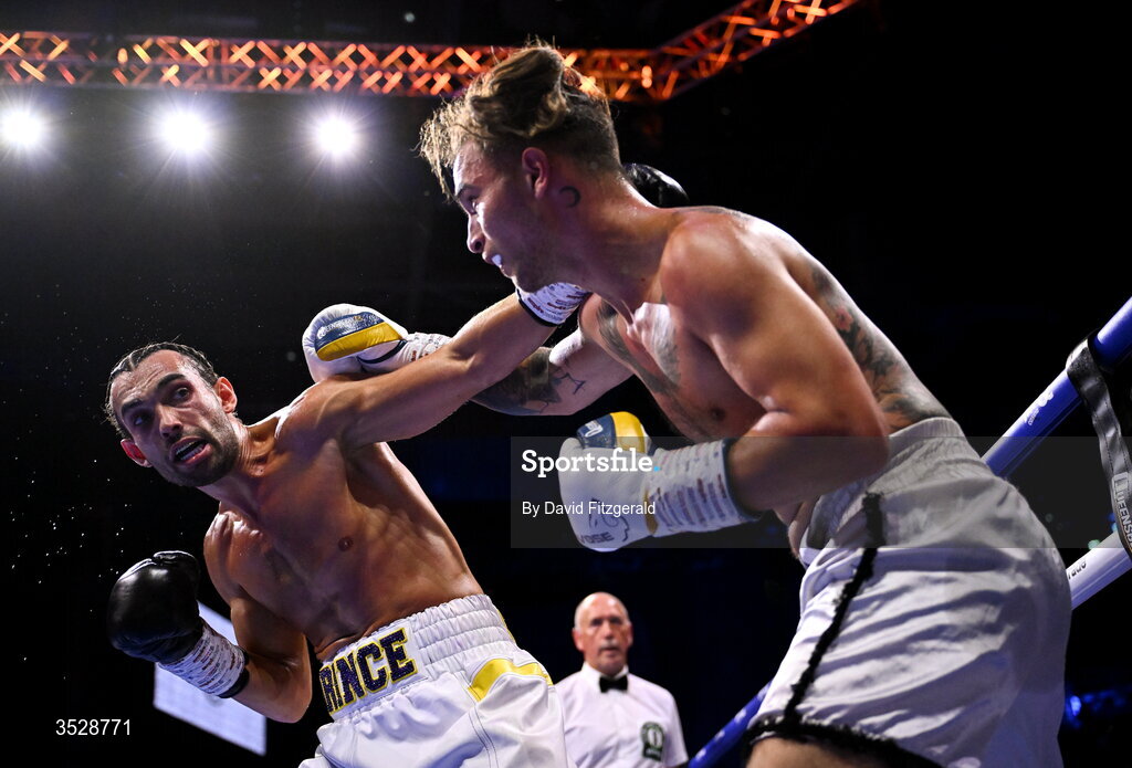 1 August 2026; Sami Hamed, left, in action against Bela Istvan Orban during their super welterweight bout during the Boxing in Dublin event at the 3Arena in Dublin. Photo by David Fitzgerald/Sportsfile