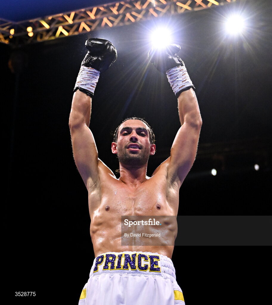 1 August 2026; Sami Hamed celebrates after being declared victorious over Bela Istvan Orban in their super welterweight bout during the Boxing in Dublin event at the 3Arena in Dublin. Photo by David Fitzgerald/Sportsfile