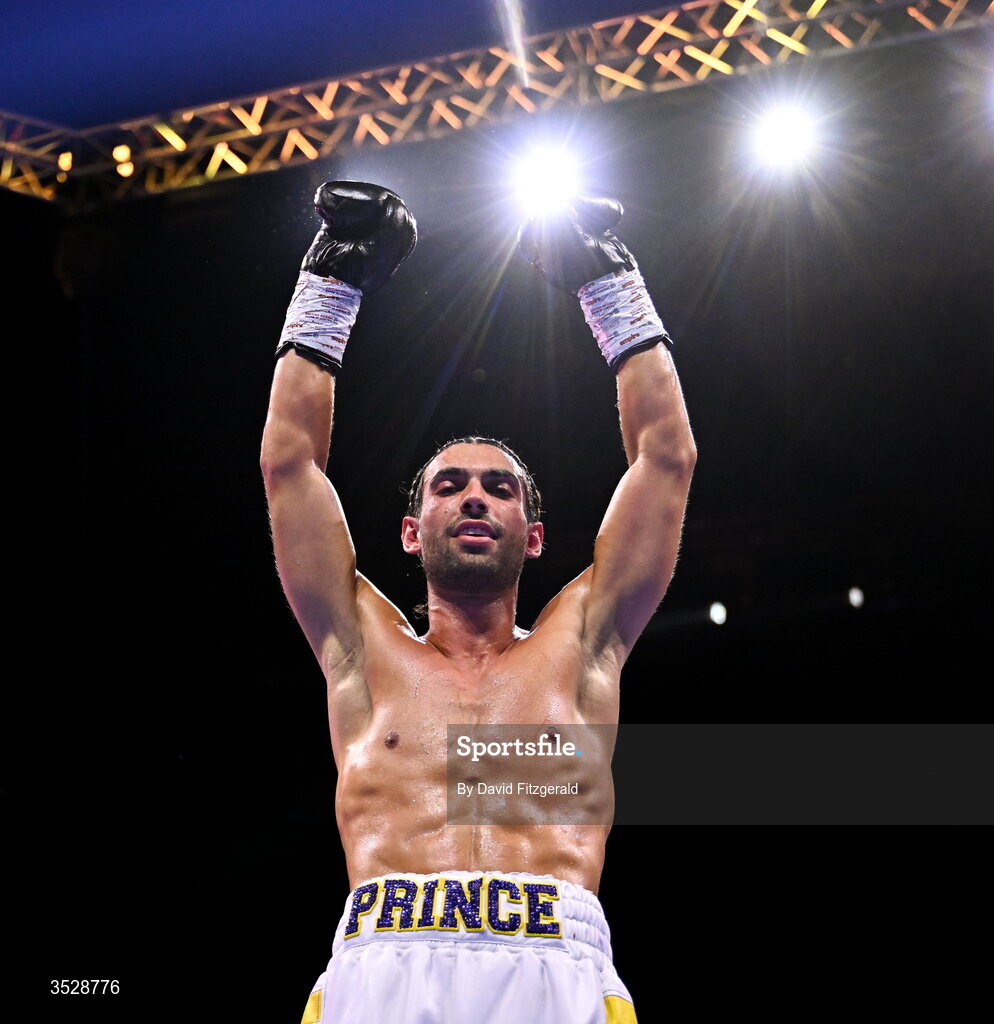 1 August 2026; Sami Hamed celebrates after being declared victorious over Bela Istvan Orban in their super welterweight bout during the Boxing in Dublin event at the 3Arena in Dublin. Photo by David Fitzgerald/Sportsfile