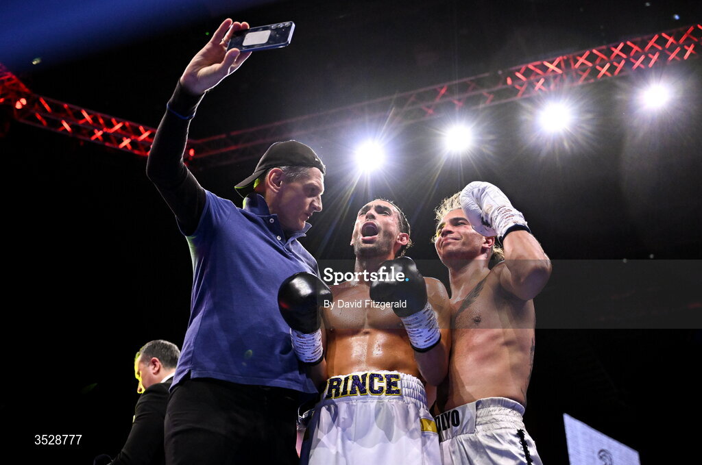 1 August 2026; Sami Hamed takes a selfie with Bela Istvan Orban and his coach after their super welterweight bout during the Boxing in Dublin event at the 3Arena in Dublin. Photo by David Fitzgerald/Sportsfile