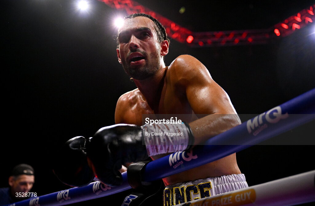 1 August 2026; Sami Hamed celebrates after being declared victorious over Bela Istvan Orban in their super welterweight bout during the Boxing in Dublin event at the 3Arena in Dublin. Photo by David Fitzgerald/Sportsfile