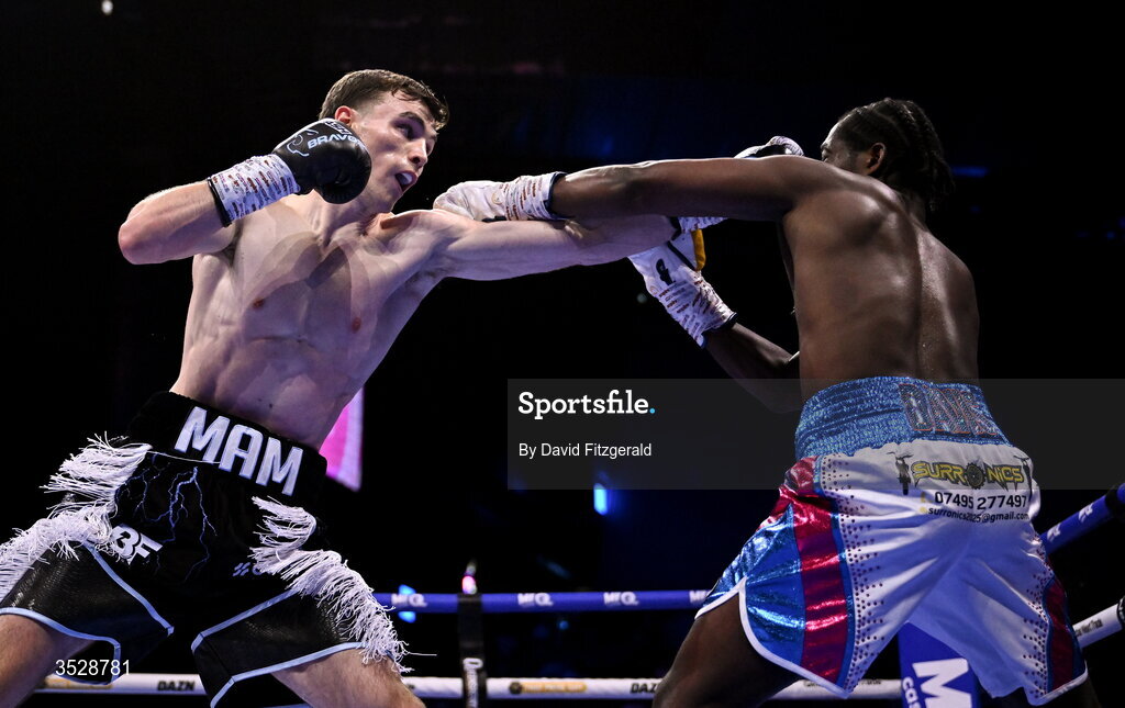 1 August 2026; Bobbi Flood, left, in action against Tariq Davis during their super welterweight bout during the Boxing in Dublin event at the 3Arena in Dublin. Photo by David Fitzgerald/Sportsfile