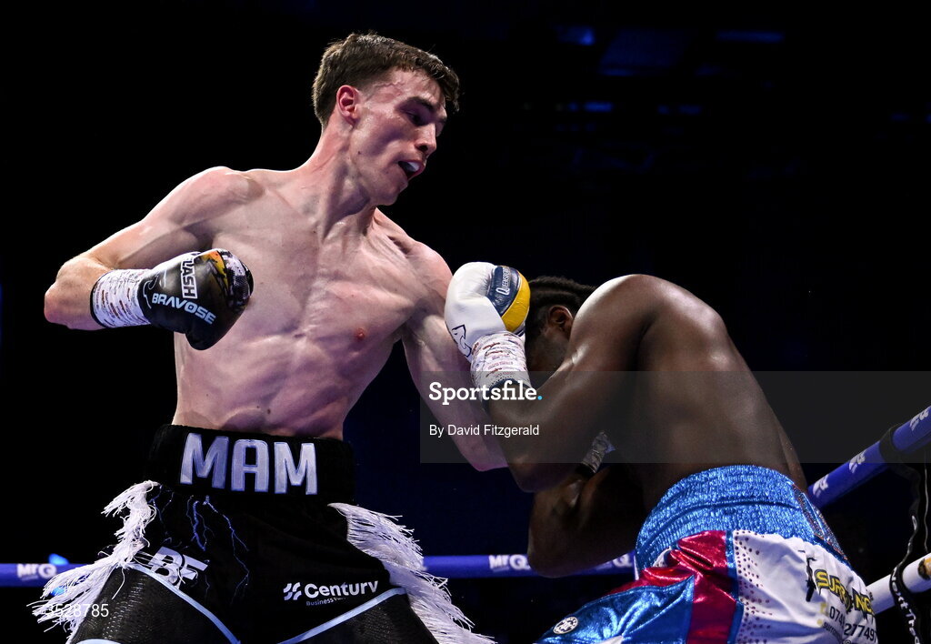 1 August 2026; Bobbi Flood, left, in action against Tariq Davis during their super welterweight bout during the Boxing in Dublin event at the 3Arena in Dublin. Photo by David Fitzgerald/Sportsfile