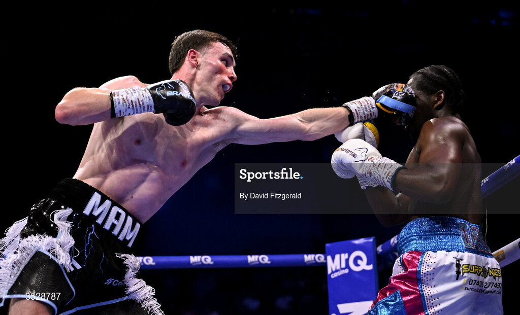 1 August 2026; Bobbi Flood, left, in action against Tariq Davis during their super welterweight bout during the Boxing in Dublin event at the 3Arena in Dublin. Photo by David Fitzgerald/Sportsfile