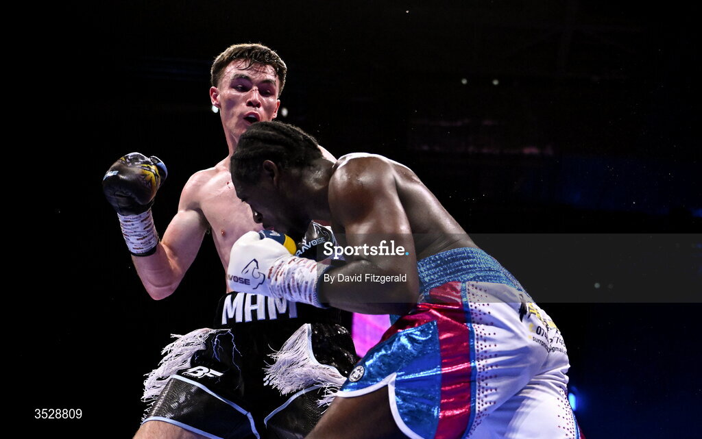 1 August 2026; Bobbi Flood, left, in action against Tariq Davis during their super welterweight bout during the Boxing in Dublin event at the 3Arena in Dublin. Photo by David Fitzgerald/Sportsfile