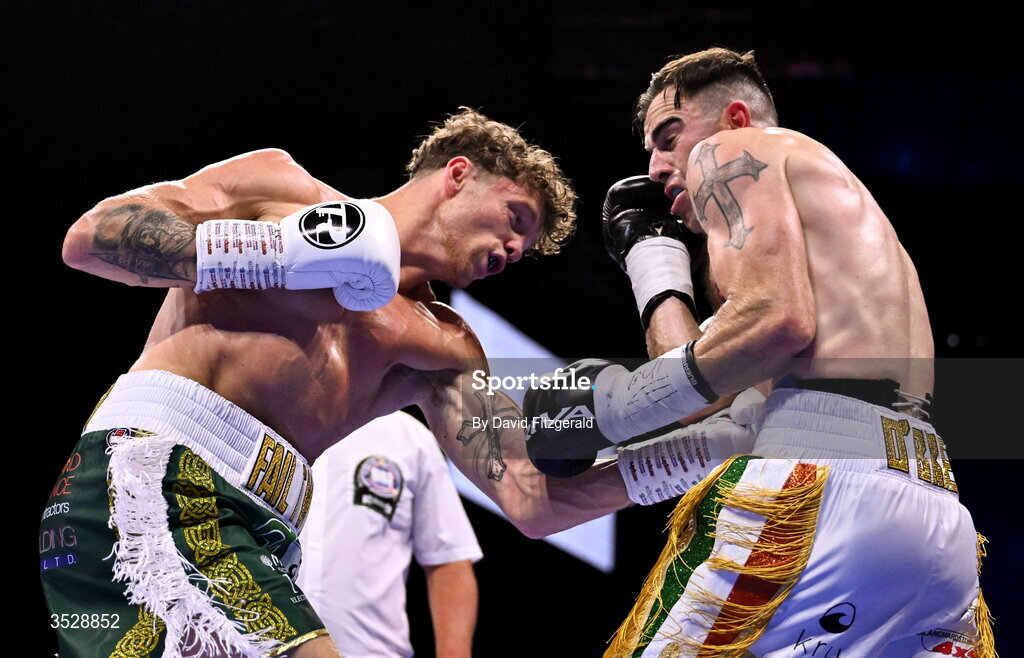 1 August 2026; Craig O'Brien, right, in action against Ben Fail during their super welterweight bout during the Boxing in Dublin event at the 3Arena in Dublin. Photo by David Fitzgerald/Sportsfile