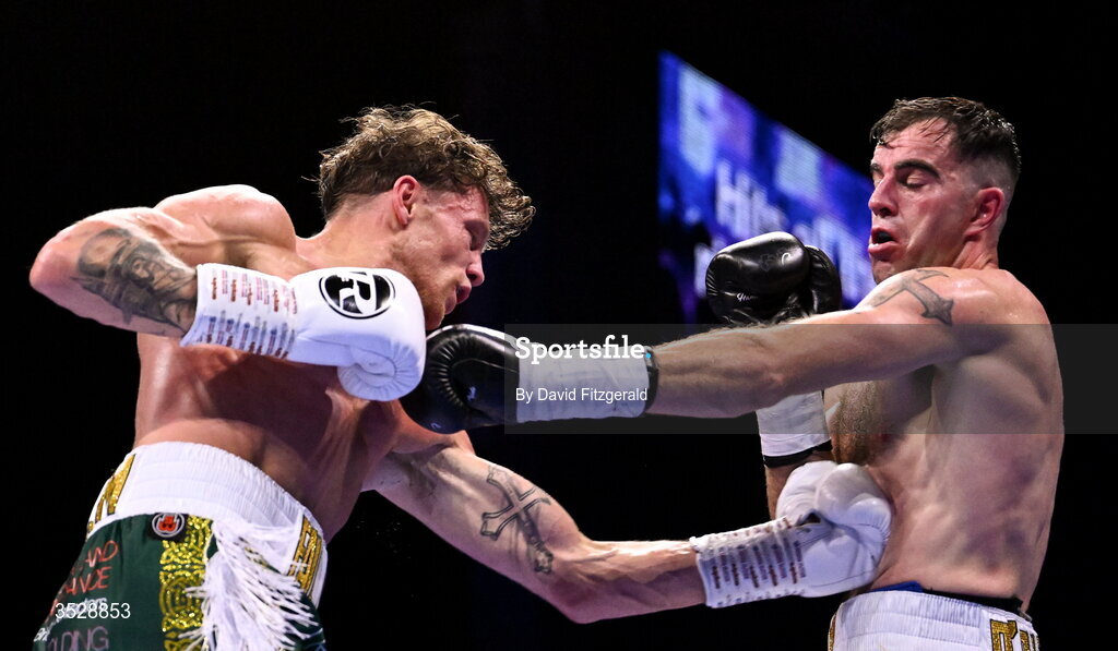 1 August 2026; Craig O'Brien, right, in action against Ben Fail during their super welterweight bout during the Boxing in Dublin event at the 3Arena in Dublin. Photo by David Fitzgerald/Sportsfile