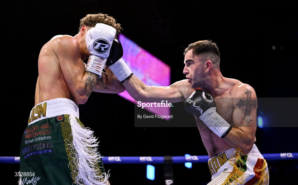 1 August 2026; Craig O'Brien, right, in action against Ben Fail during their super welterweight bout during the Boxing in Dublin event at the 3Arena in Dublin. Photo by David Fitzgerald/Sportsfile