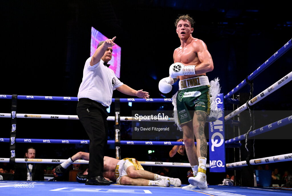 1 August 2026; Ben Fail, right, reacts after knocking down Craig O'Brien during their super welterweight bout during the Boxing in Dublin event at the 3Arena in Dublin. Photo by David Fitzgerald/Sportsfile