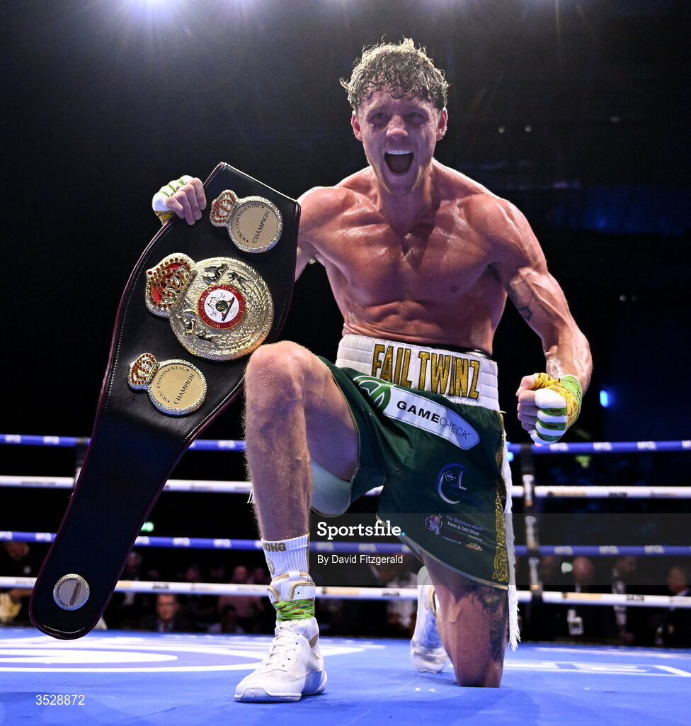 1 August 2026; Ben Fail celebrates after being declared victorious over Craig O'Brien after their super welterweight bout during the Boxing in Dublin event at the 3Arena in Dublin. Photo by David Fitzgerald/Sportsfile
