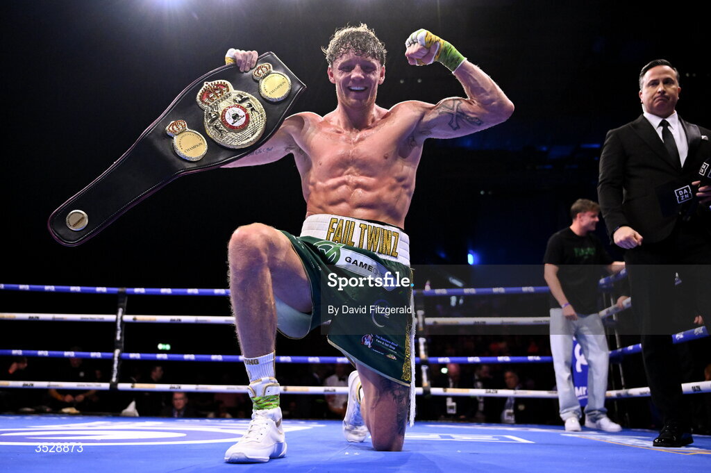 1 August 2026; Ben Fail celebrates after being declared victorious over Craig O'Brien after their super welterweight bout during the Boxing in Dublin event at the 3Arena in Dublin. Photo by David Fitzgerald/Sportsfile