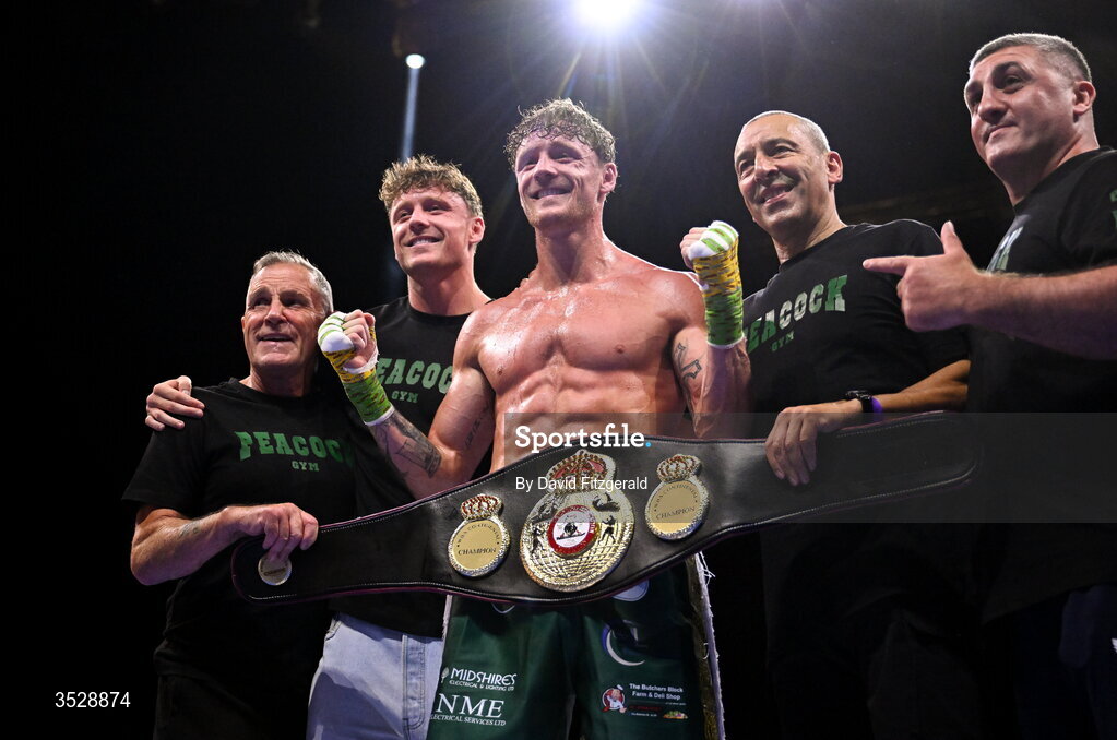 1 August 2026; Ben Fail celebrates with his team after being declared victorious over Craig O'Brien after their super welterweight bout during the Boxing in Dublin event at the 3Arena in Dublin. Photo by David Fitzgerald/Sportsfile
