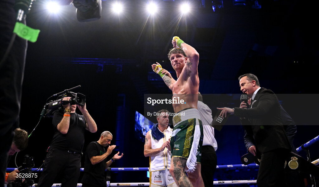 1 August 2026; Ben Fail celebrates after being declared victorious over Craig O'Brien after their super welterweight bout during the Boxing in Dublin event at the 3Arena in Dublin. Photo by David Fitzgerald/Sportsfile
