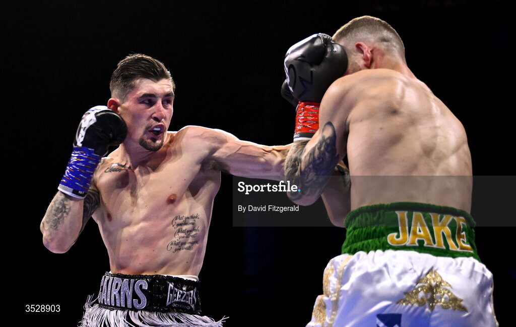 1 August 2026; Steven Cairns, left, in action against Senan Kelly during their super lightweight bout during the Boxing in Dublin event at the 3Arena in Dublin. Photo by David Fitzgerald/Sportsfile